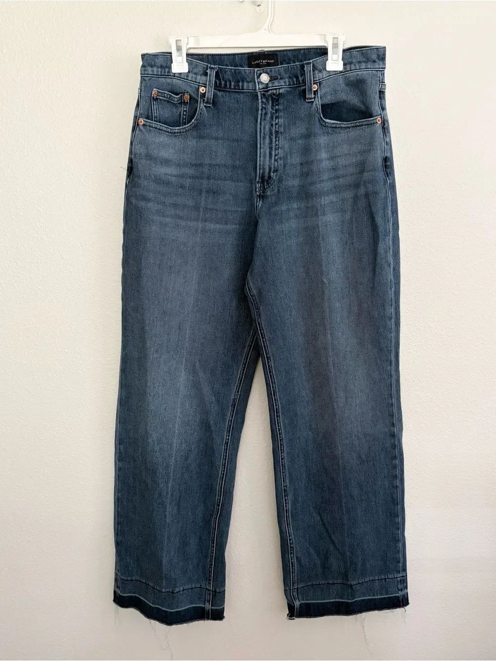Lucky Brand Jeans Womens Wide Leg High Rise Blue Denim Raw Hem Size 14/32